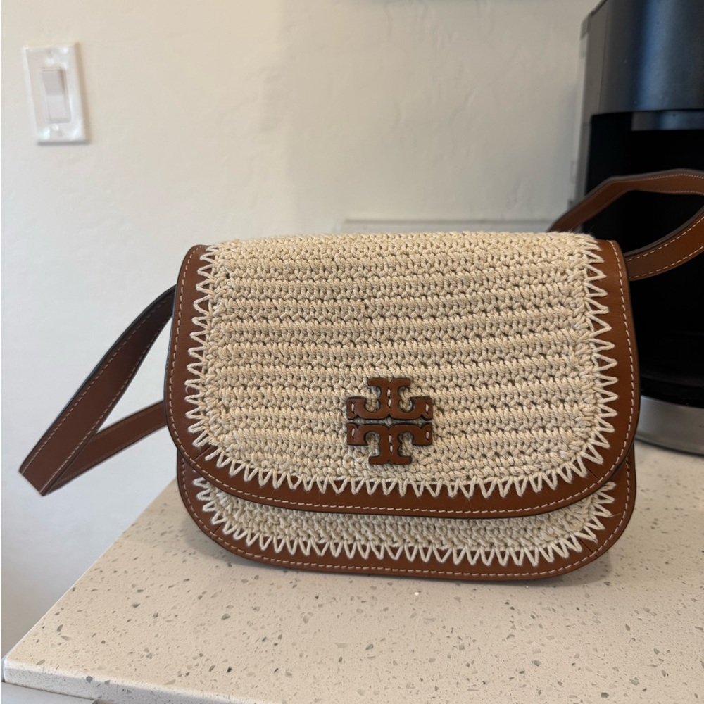Tory Burch Woven Cream and Brown Crossbody Bag